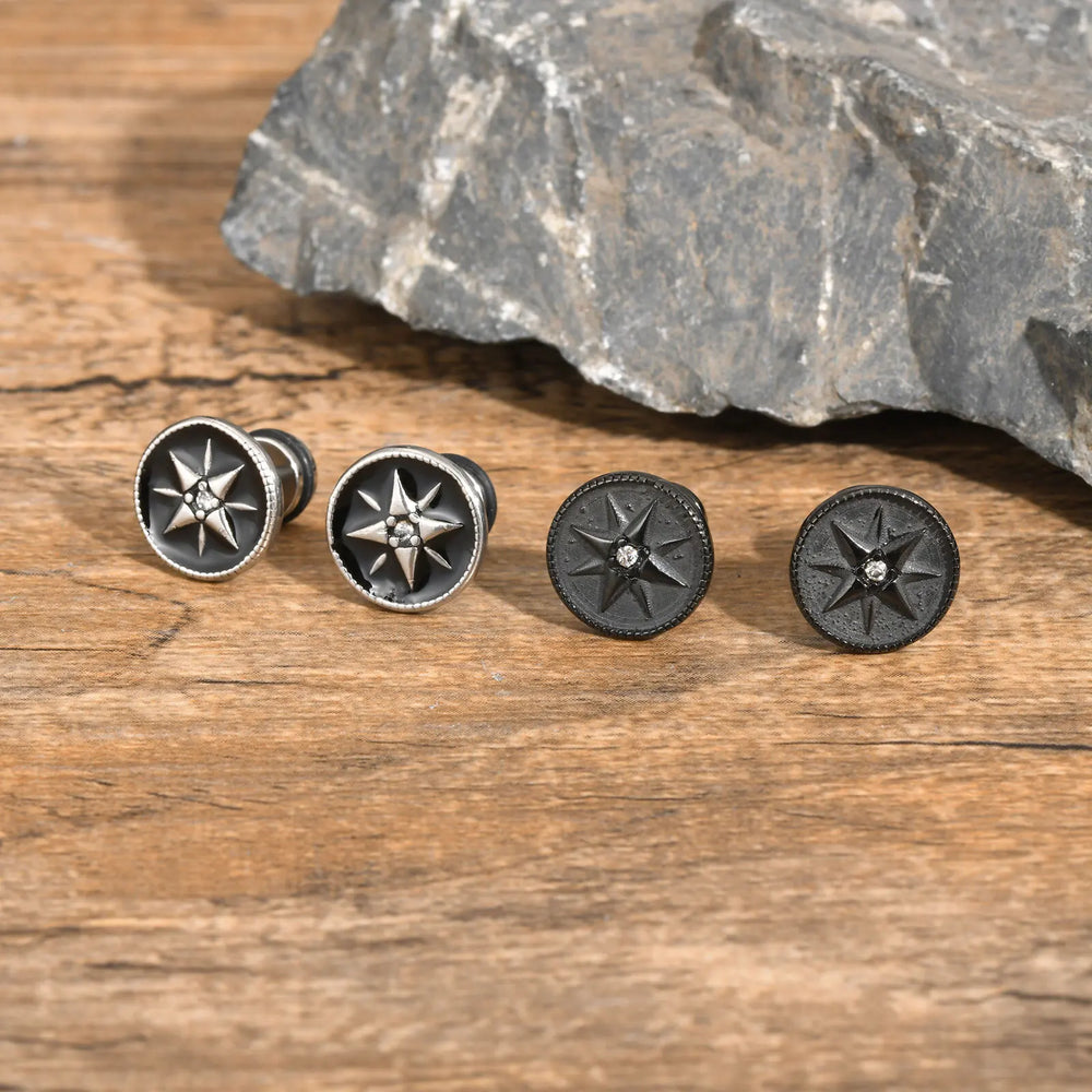Nautical Compass Star Stud Earring for Men Boys,Black Circle Compass with White Zircon close-up view
