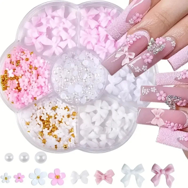 500PCS 3D Nail Art Decoration Kit with Resin Bows, Flat Back Pearls, and Assorted Shapes detail view