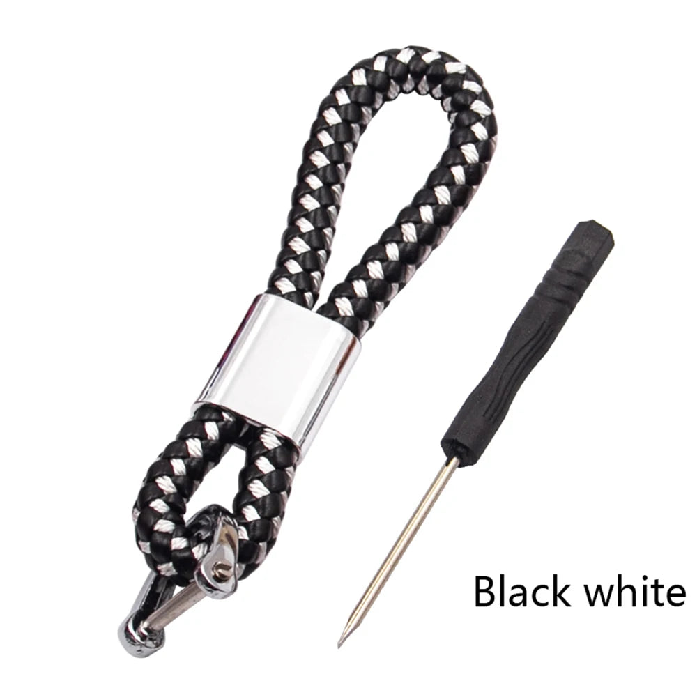 Handwoven Leather Car Keychain | Retro Horseshoe Buckle Key Ring close-up view