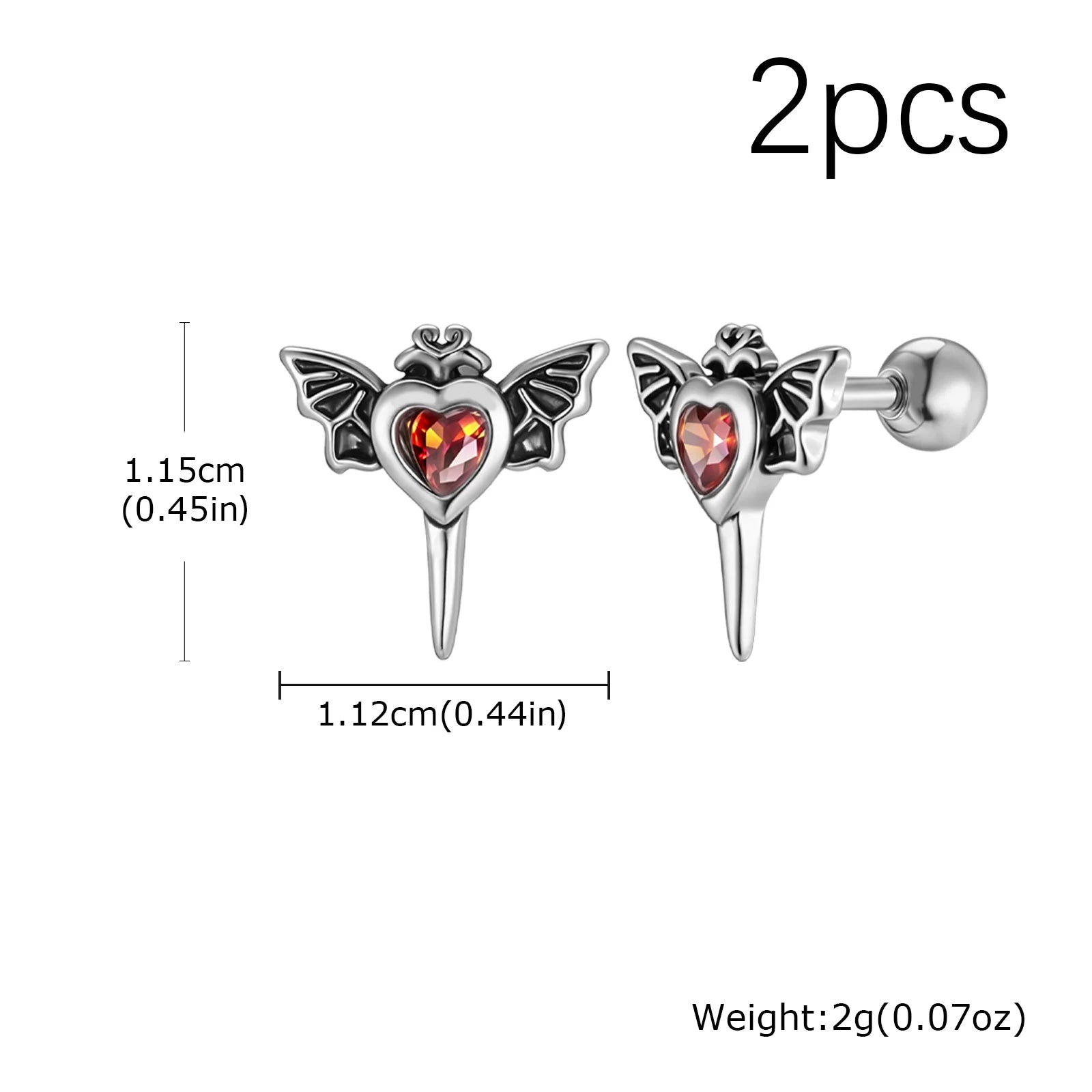 Gothic Wings Stud Earrings for Men Women,Vintage Stainless Steel Heart Zircon Sword Stud detail view
