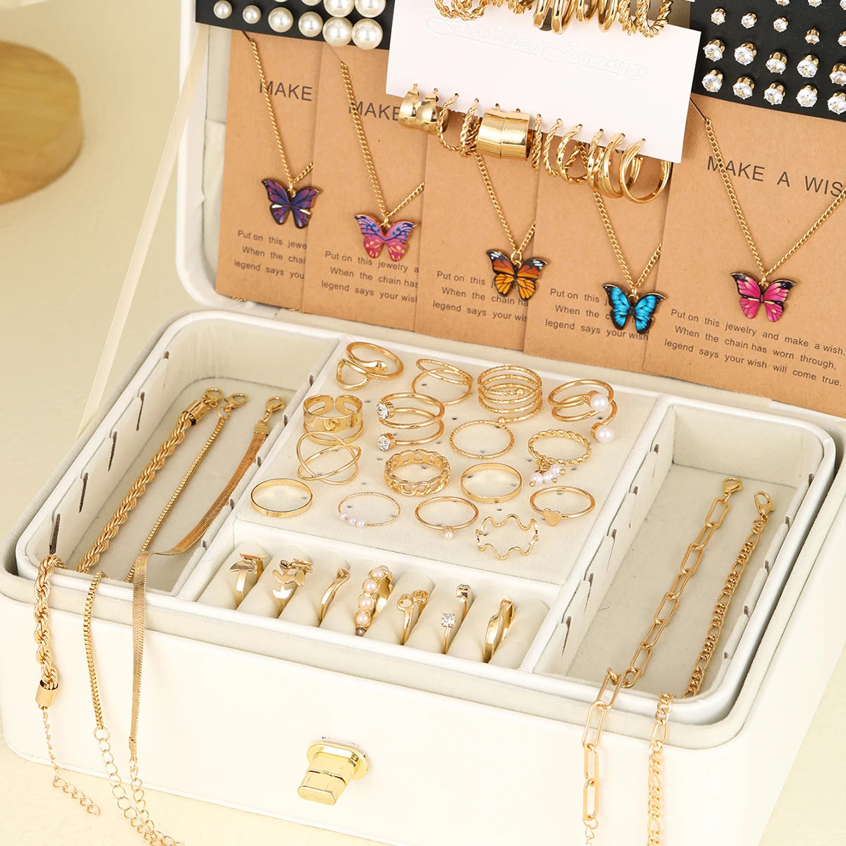 104 Pcs/Set Fashion Metal Pearl Zircon Earrings Butterfly Necklaces Bracelets Rings Co close-up view