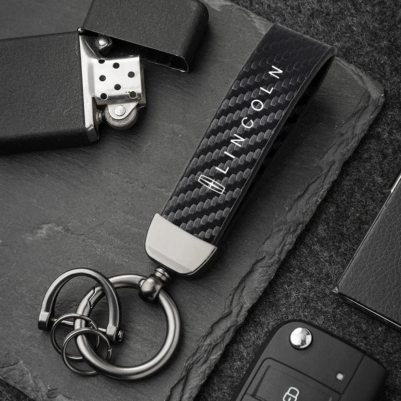 Carbon Fiber Style Car Keychain | Microfiber Leather Key Ring for Lincoln Navigator close-up view