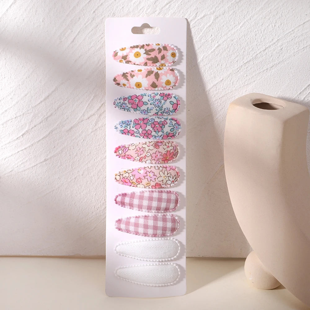10Pcs/Lot Fresh Print Cotton Alloy Hair Clips for Kids Fabric Plaid BB Hairpins Girl H close-up view