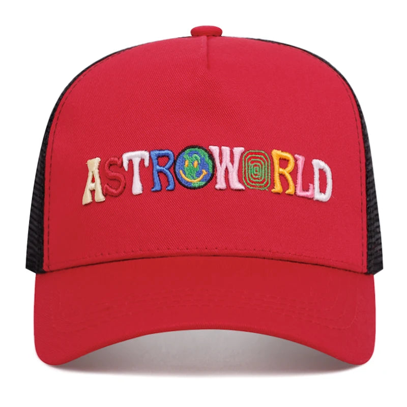 ASTROWORLD Graphic Mesh Baseball Cap | Unisex Breathable Trucker Hat close-up view