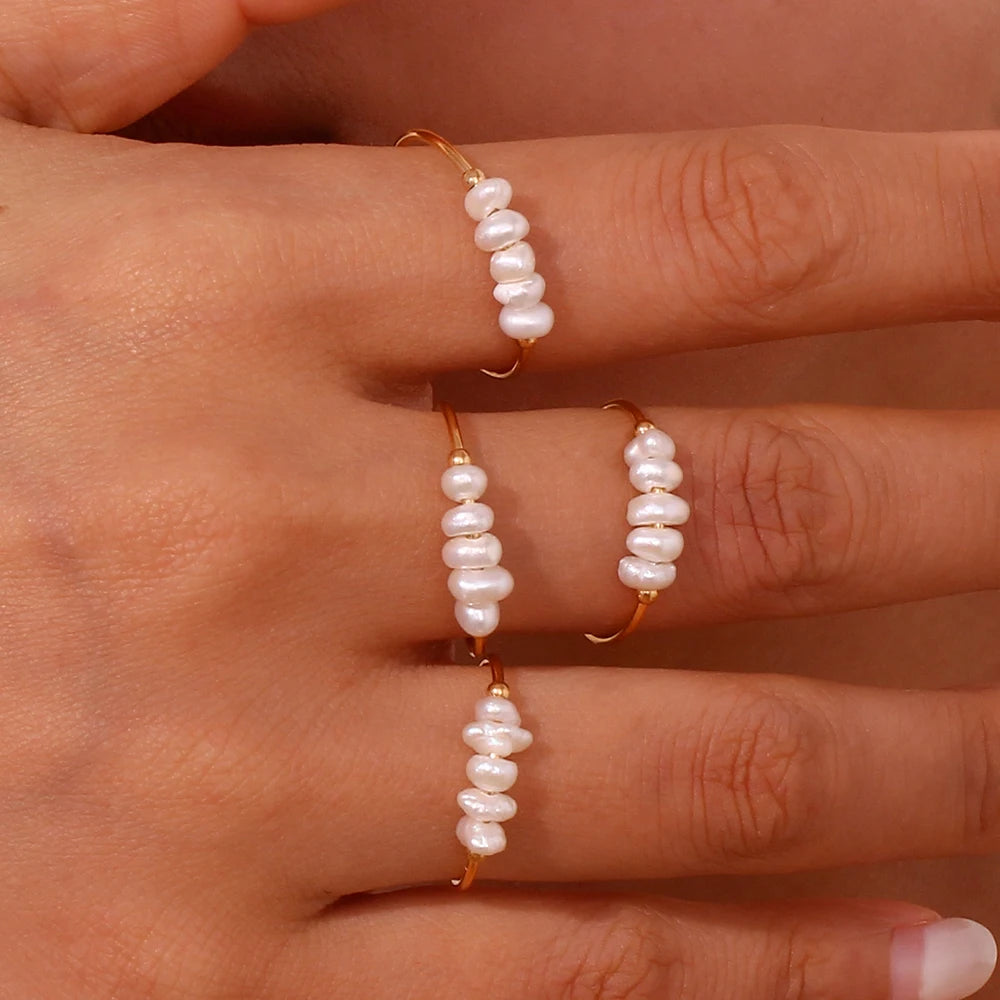 La. Muses Elegant Small Freshwater Pearl Stainless Steel Finger Rings Women Fashion Dail detail view