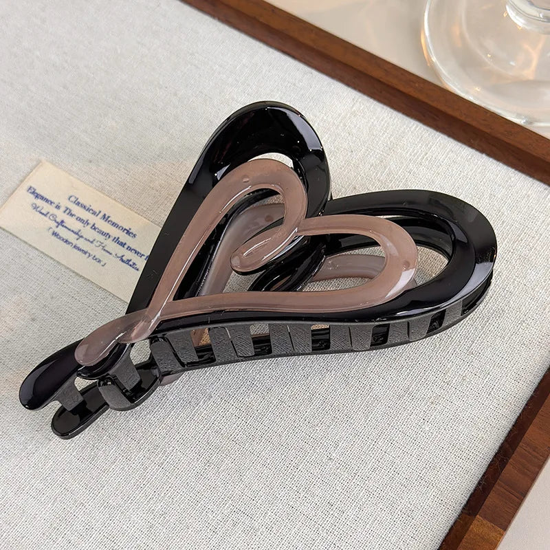 Autumn-Winter Latte Gradient Double-Layer Heart-Shaped Hair Clip Unique Instagram-Style Asymmetrical Back Hair Clip