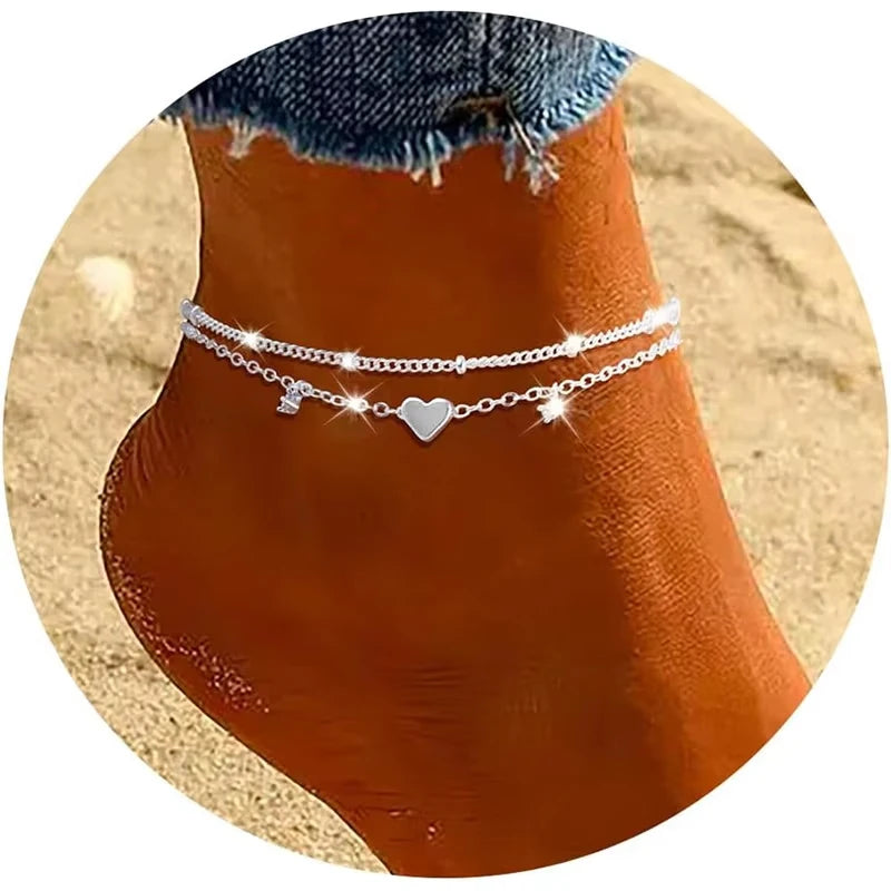 925 Sliver Plated CZ Anklet Bracelets for Women Girl Trendy New Waterproof Heart Charm Dainty Layer