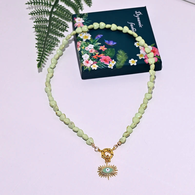 Heart Choker Necklace with Colorful Beads | Bohemian Eye Pendant Set for Women detail view