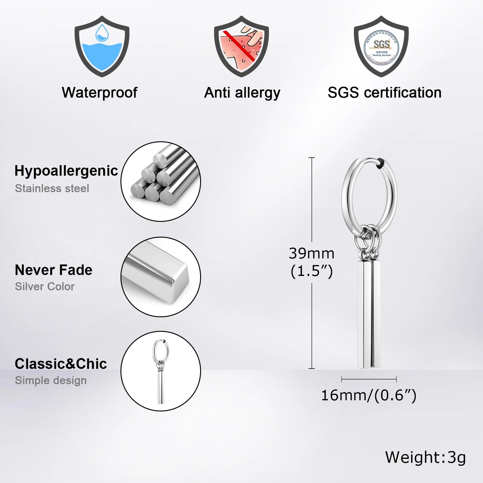 Vnox Punk Rock Geometric Bar Dangle Earrings | Stainless Steel Hoops for Men close-up view