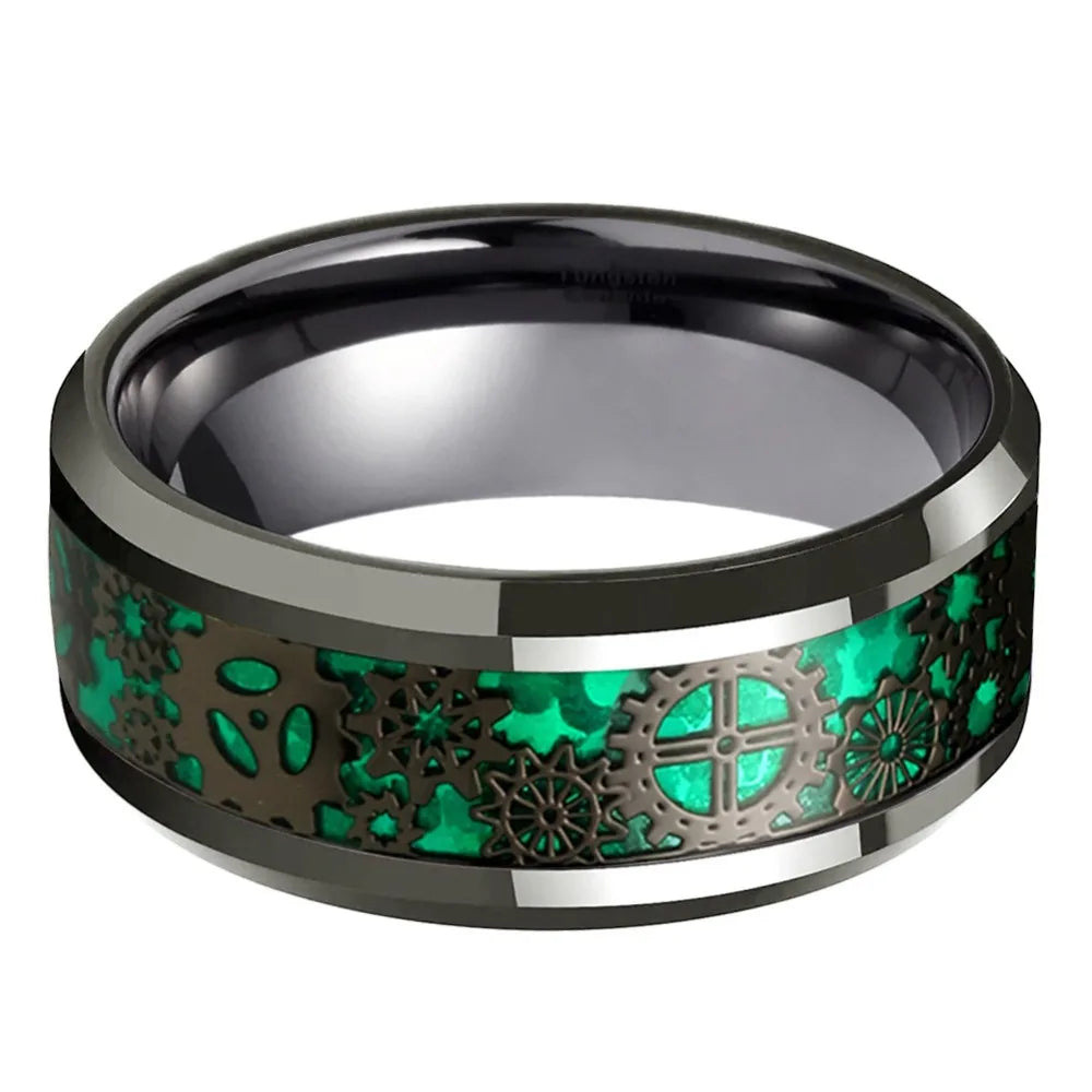 8MM Fashion Men Gear Inlay Steel Ring Polished Green Carbon fiber Stainless Steel Rin lifestyle view