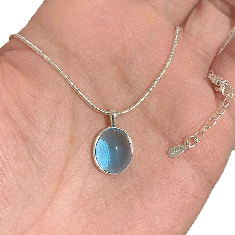 Oval Aquamarine Pendant Necklace | Snake Chain Jewelry for Women additional angle