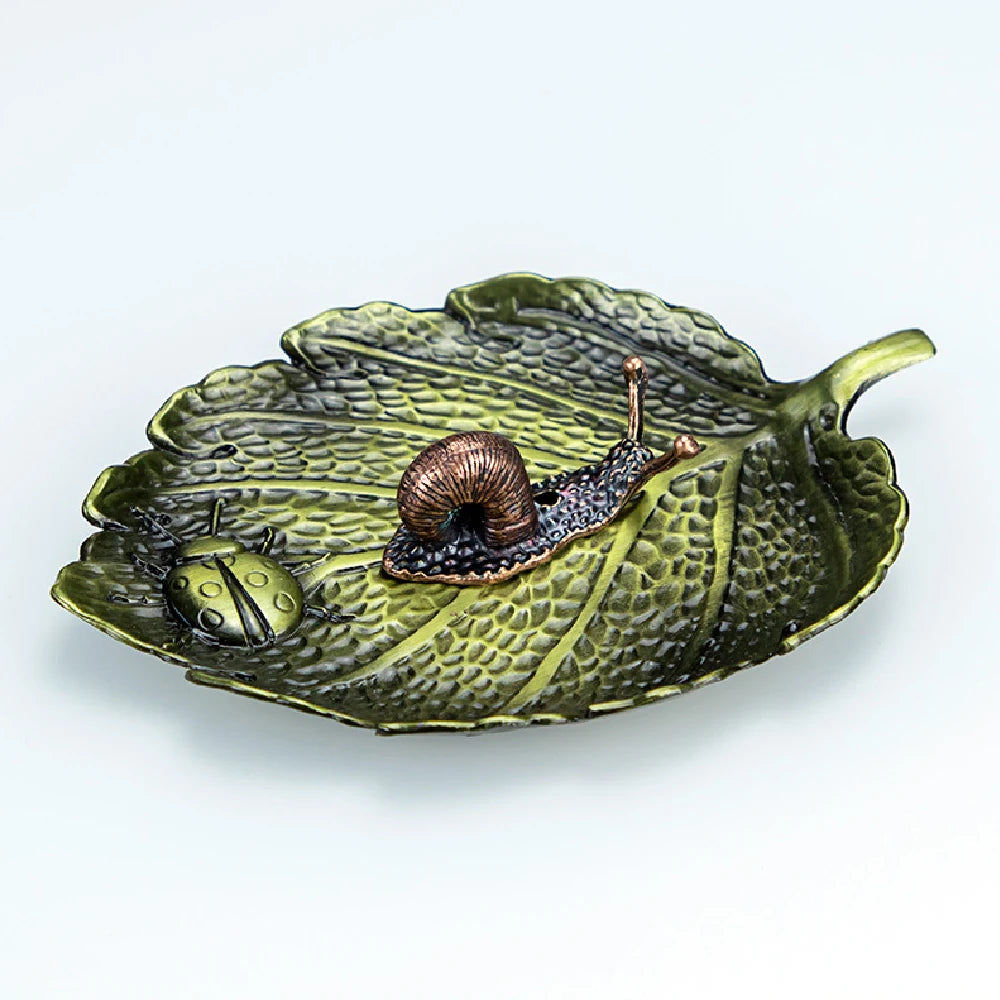 Leaf Snail Incense Burner | Antique Metal Incense Plate for Living Room close-up view