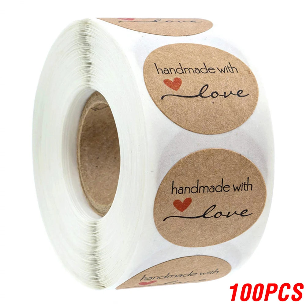 Vintage Kraft Paper Stickers | Handmade With Love Thank You Labels for Packaging and G close-up view