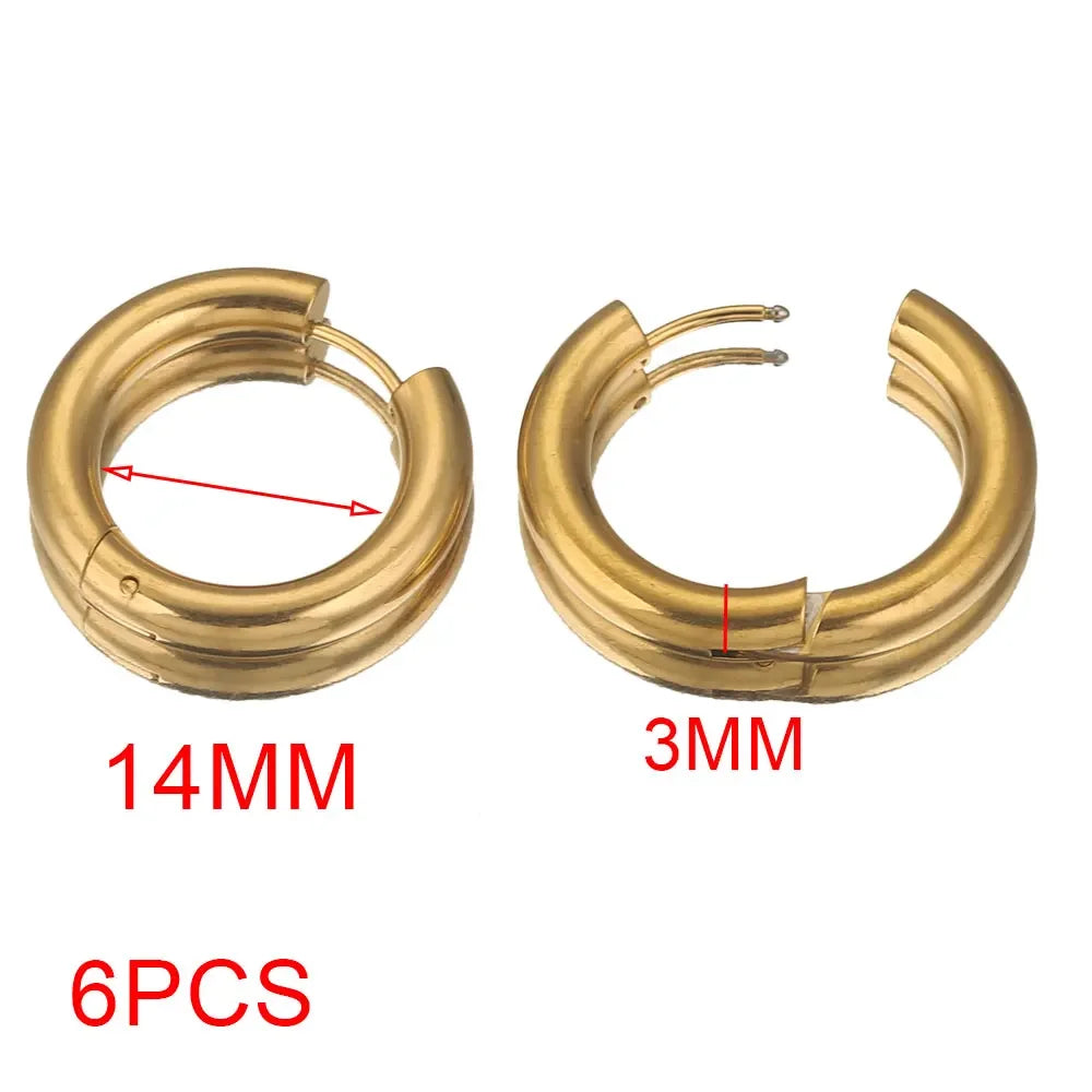 6pcs Stainless Steel 4mm Thick Earrings Gold Plated Large Round Korean Ear Rings Hoop close-up view