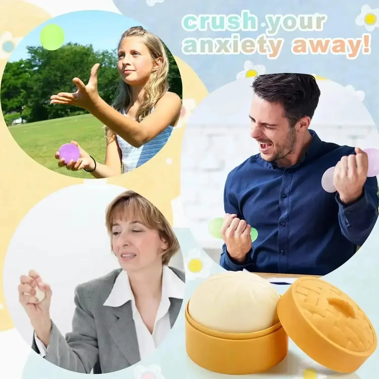 Colorful Dumpling Stress Ball Fidget Toy | Sensory Squeeze Dough with Steamer lifestyle view