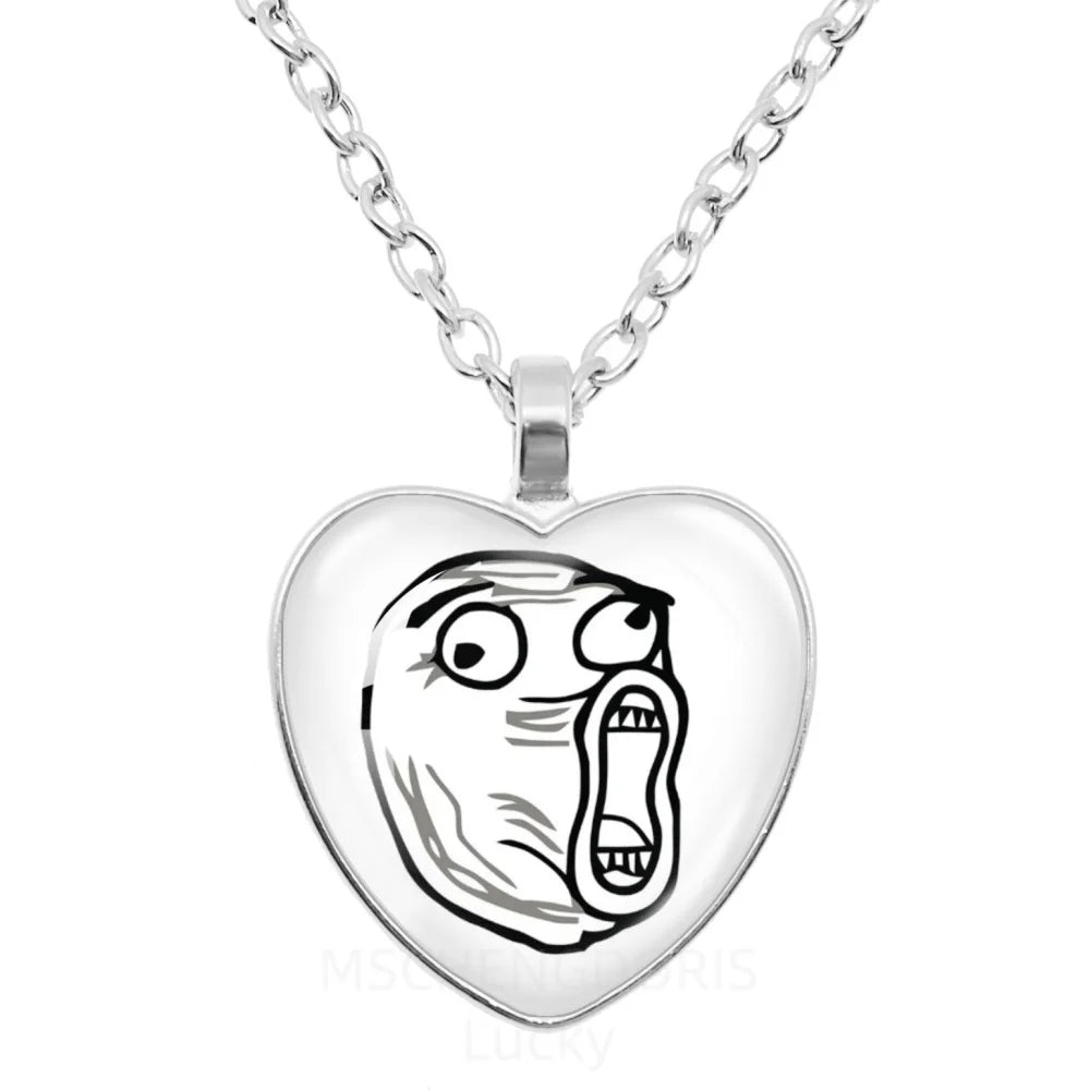 Rage Comic Necklace Derp Face Trollface Funny Meme Cartoon Glass Heart Shape Pendant alternate view