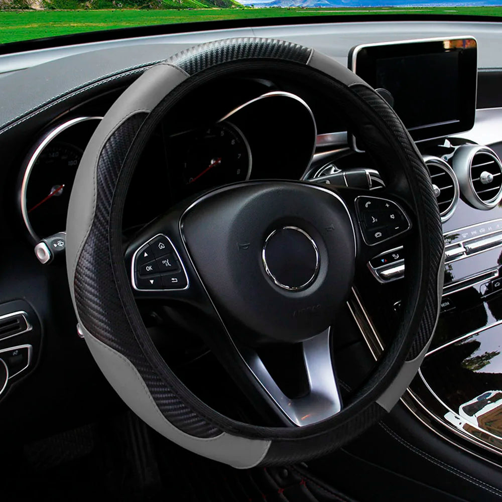 PU Carbon Fiber Leather Car Steering Wheel Cover | 14.5-15 Inch Grip Enhancer additional angle