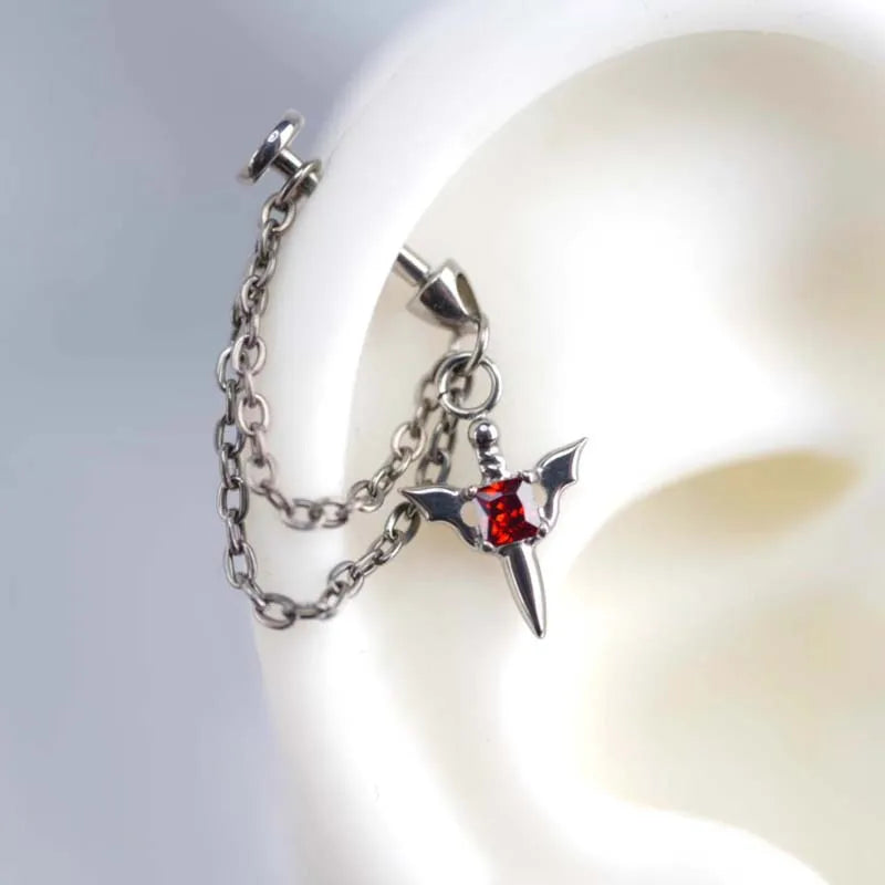 Stainless Steel Red Zircon Wing Chain Piercing Earring for Women Men Gothic Silver additional angle