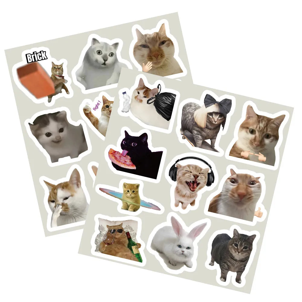 56pcs Kawaii Cat Meme Sticker Collection | UV-Coated Waterproof Decals for Journaling close-up view