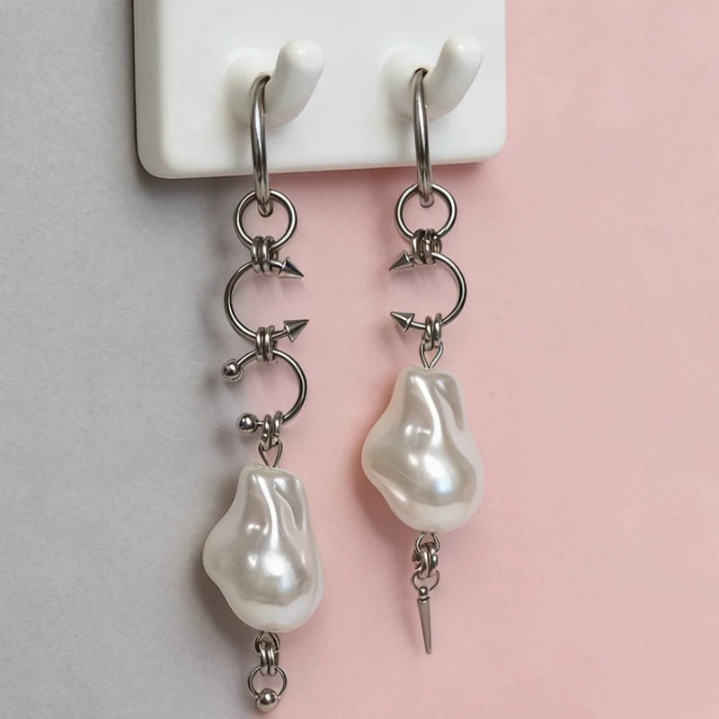 Korean Fashion Irregular Pearl Rivet Earrings for Female Punk Charm Aesthetic Geometri close-up view