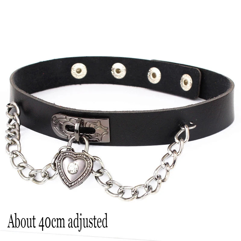 Gothic Bat Heart Lock Punk Choker | Black Leather Collar Necklace detail view