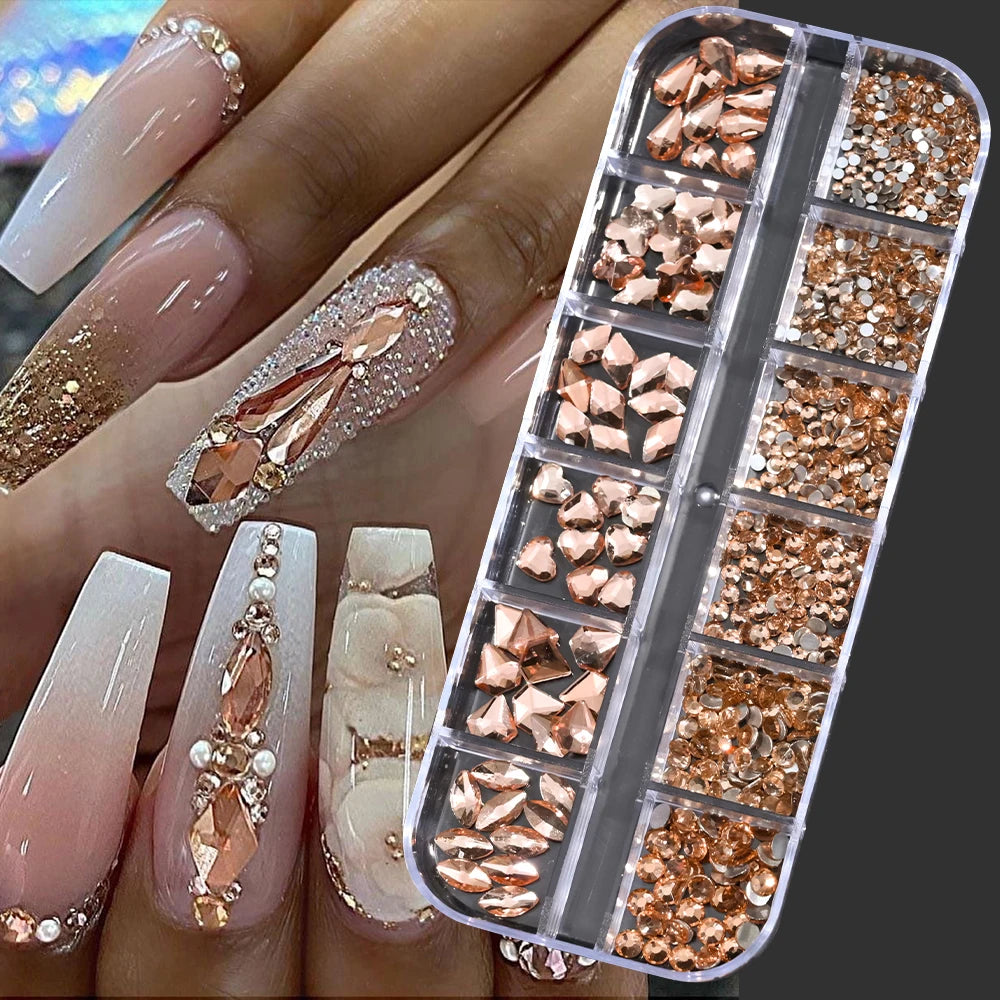 12Grids Pink Mixed Nail Rhinestones Luxury Nail Charms Glitter Crystal Jewelry Gems Na close-up view