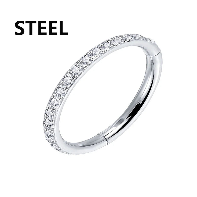 Steel Hinged Segment Hoop CZ Stone Nose Ring Nipple Clicker Ear Cartilage Tragus Helix close-up view