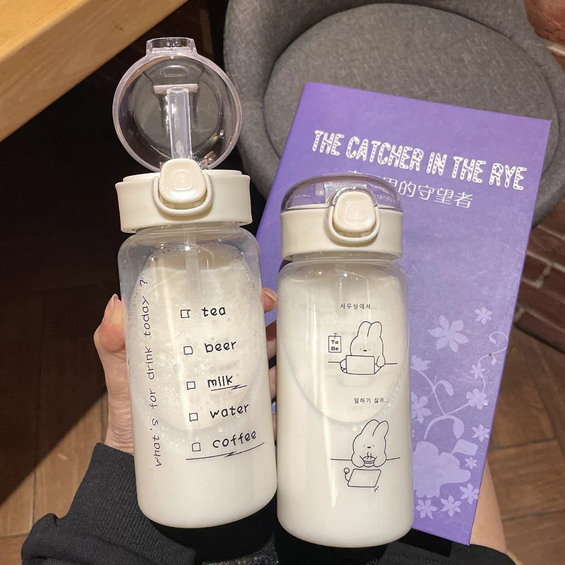 Cartoon Water Bottle With Straw Cute Plastic Drinking Bottle Portable Leak-proof Drinkwa detail view