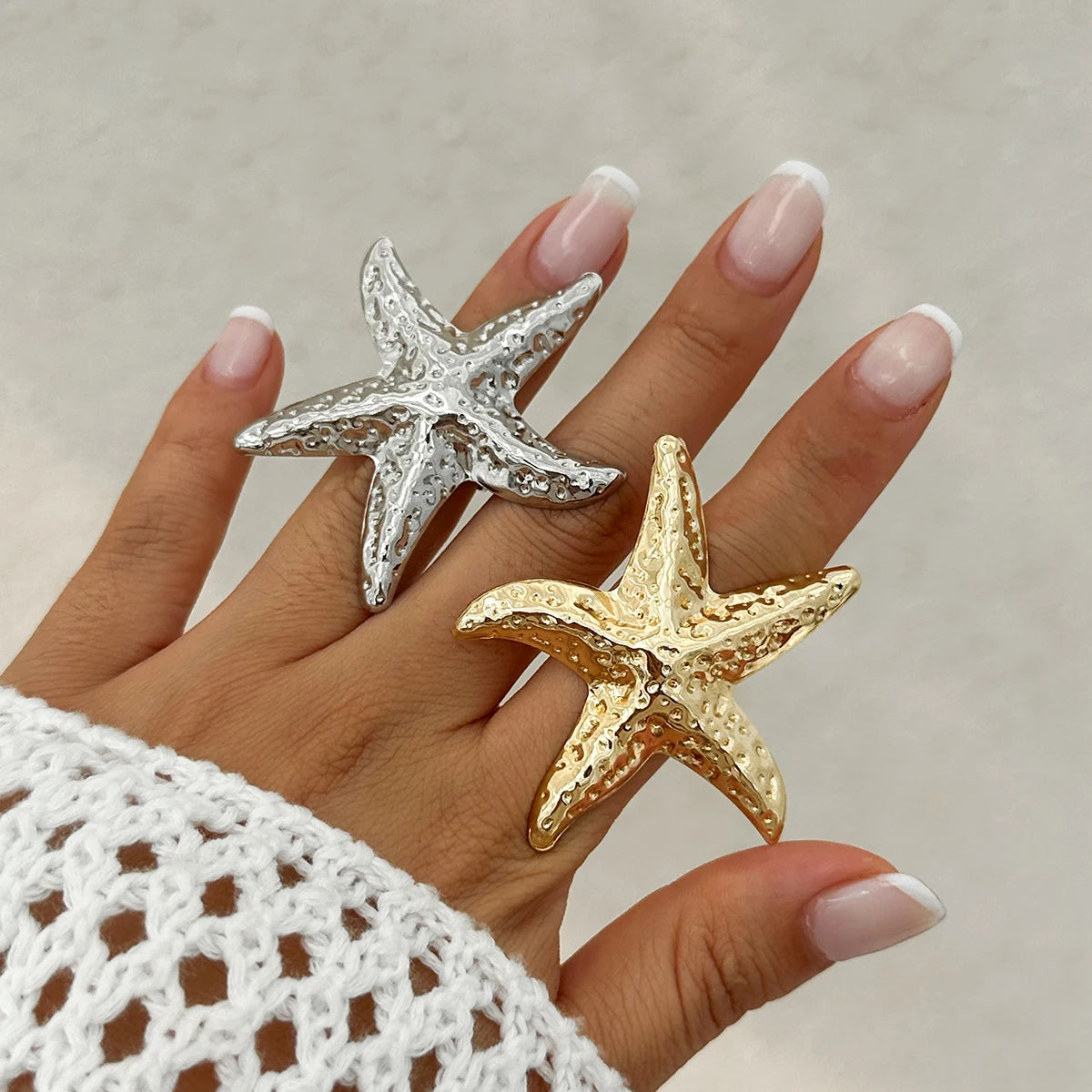 Exaggerated Big Starfish Conch Gold Color Rings Women Boho Creative Irregular Geometric detail view