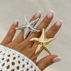 Exaggerated Big Starfish Conch Gold Color Rings Women Boho Creative Irregular Geometric detail view