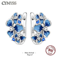 925 Sterling Silver Purple Flowers Plants Leaf Series Blue Iris Flower Earring Hoop Earrings For Wom