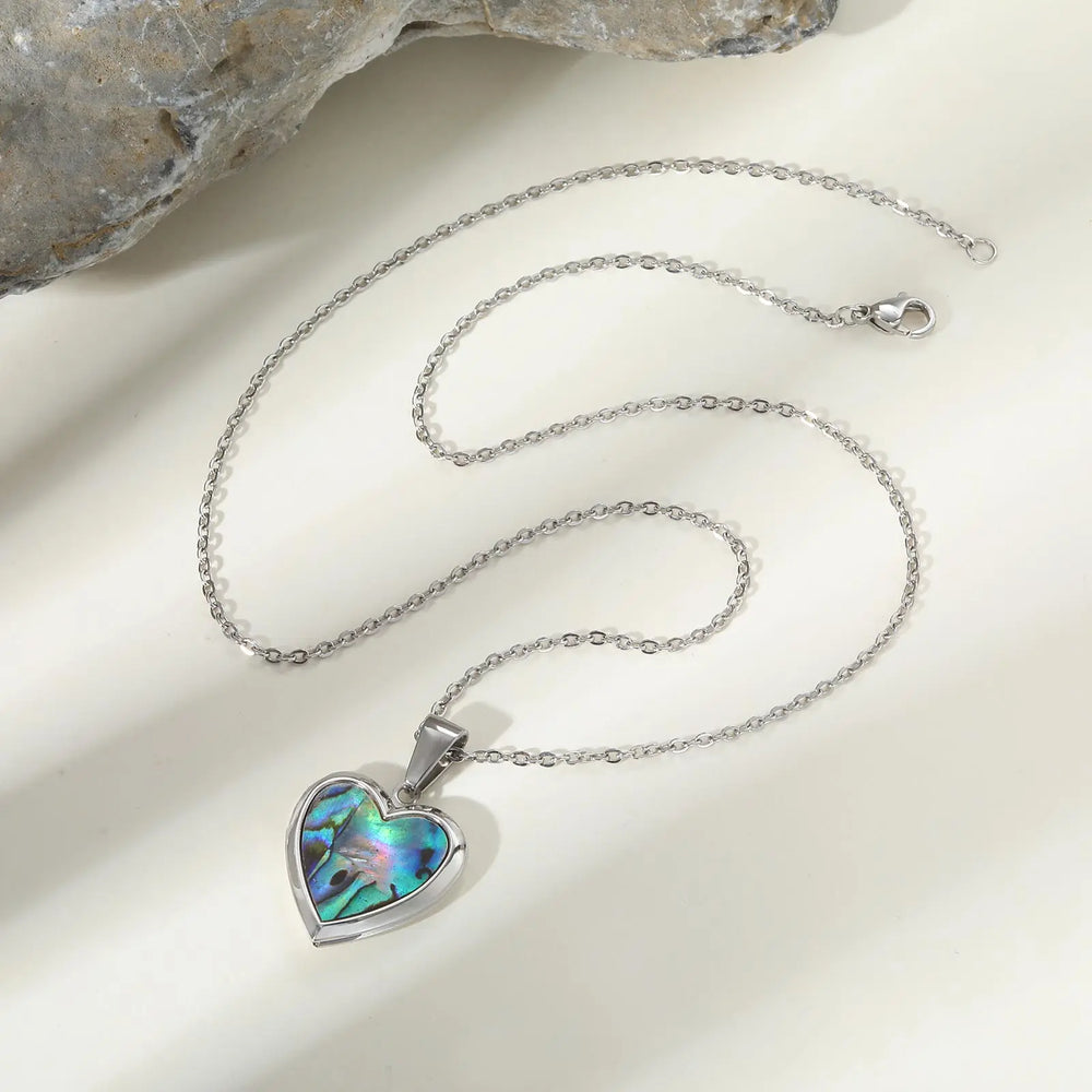 Custom Photo Heart Pendant | Abalone Shell Stainless Steel Necklace close-up view
