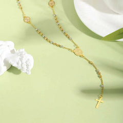 Prjewel Stainless Steel Three-Color Beaded Cross Pendant Y-Necklace | Faith-Inspired alternate view