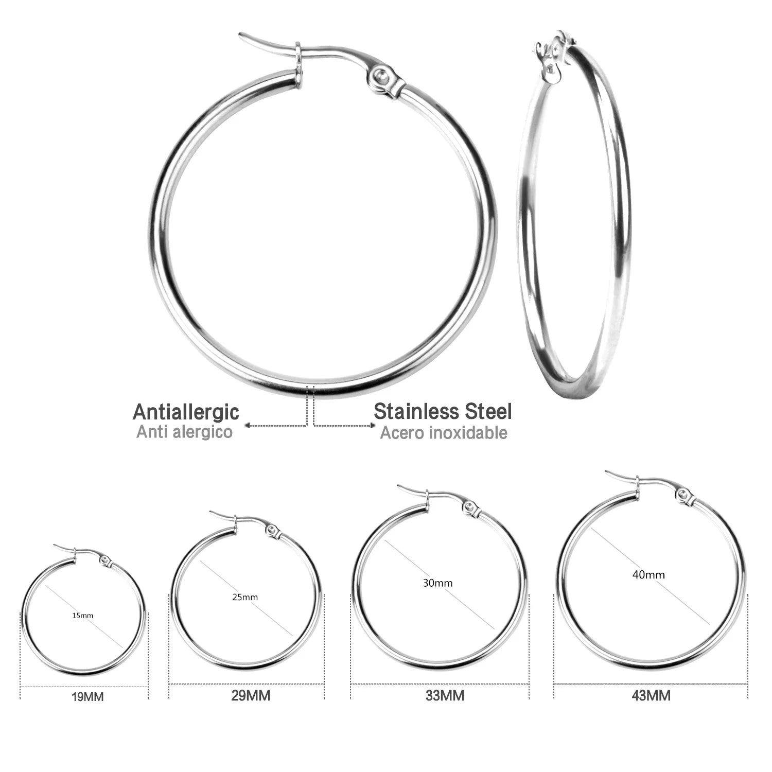 Gold Color Stainless Steel Hoop Earrings For Women Men Big/Small Circle Round Ear Jewelr detail view