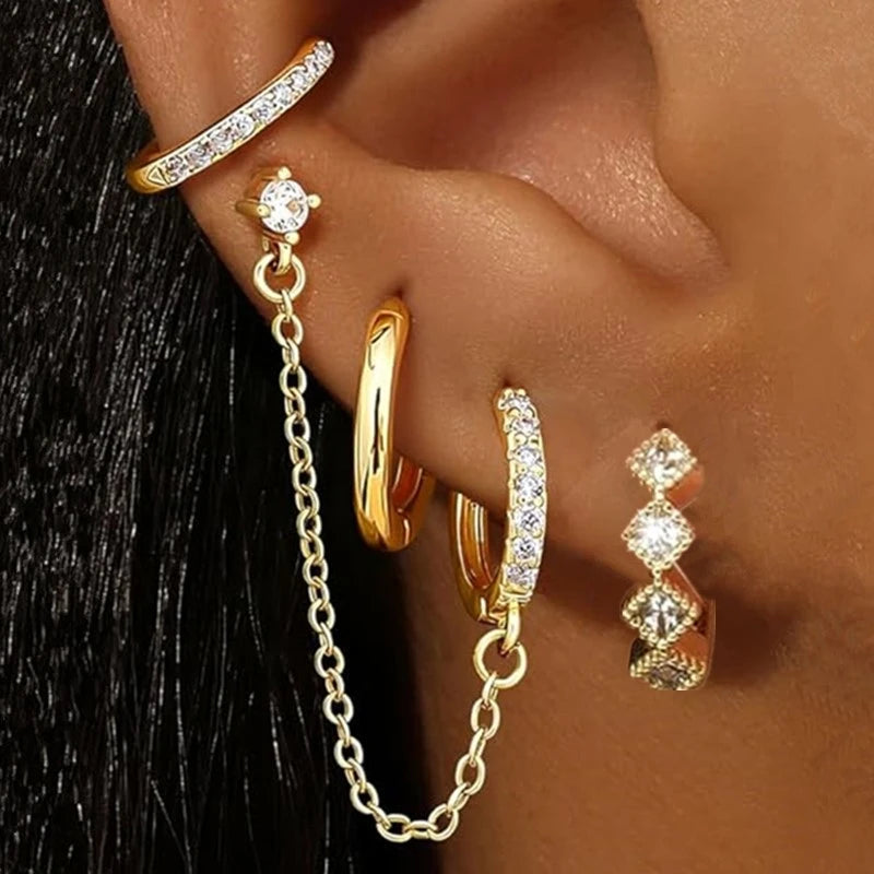 4PC Chain Huggie Earring Set | Flower Tragus Hoop Earrings for Women additional angle