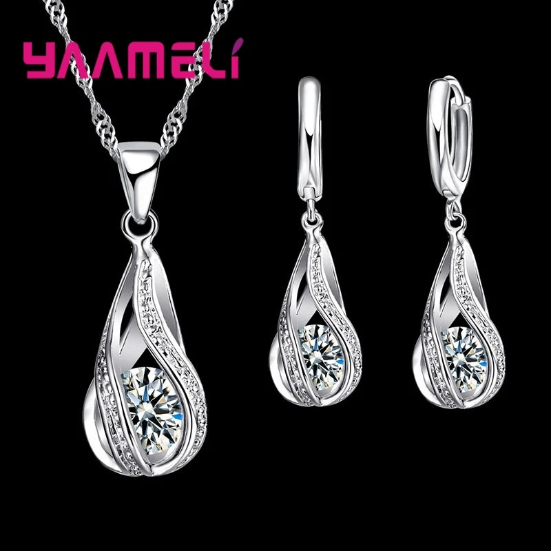 Hot Water Drop CZ 925 Sterling Silver Plated Jewelry Set For Women Pendant Necklace Hoop Earrings Wedding Party Ceremoey Anel