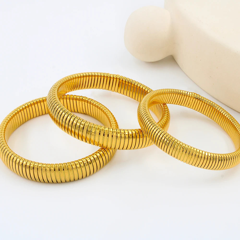 304L Stainless Steel Elastic Bracelet Women 18k Gold Plated Charm Punk Wide Chunky Me lifestyle view