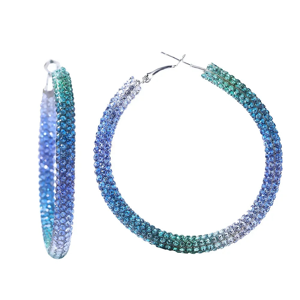 Y2K Blue Crystal Hoop Earrings Korean Fashion Charms Circular Ring Earrings for Wom additional angle