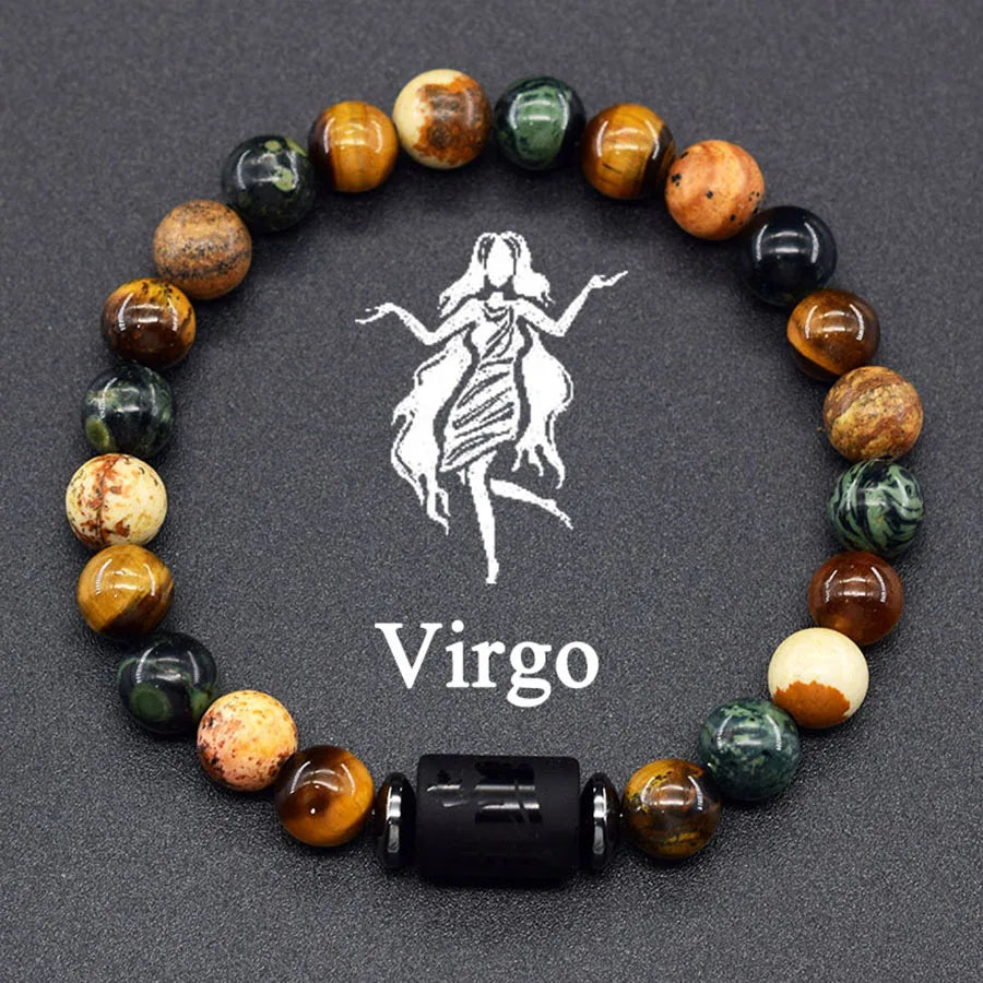 12 Zodiac Sign Bracelet Homme Constellation Bangle Natural Yellow Tiger Eye Stone H additional angle