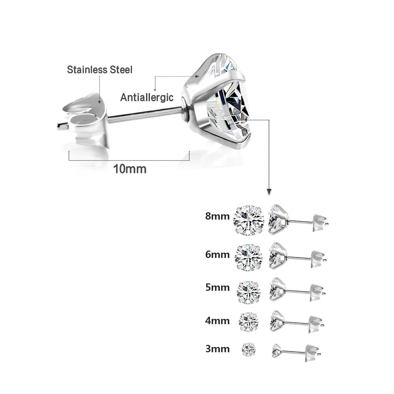 LUXUSTEEL Crystal Zircon Stud Earrings | Screw Back Round CZ Earrings for Men Women alternate view