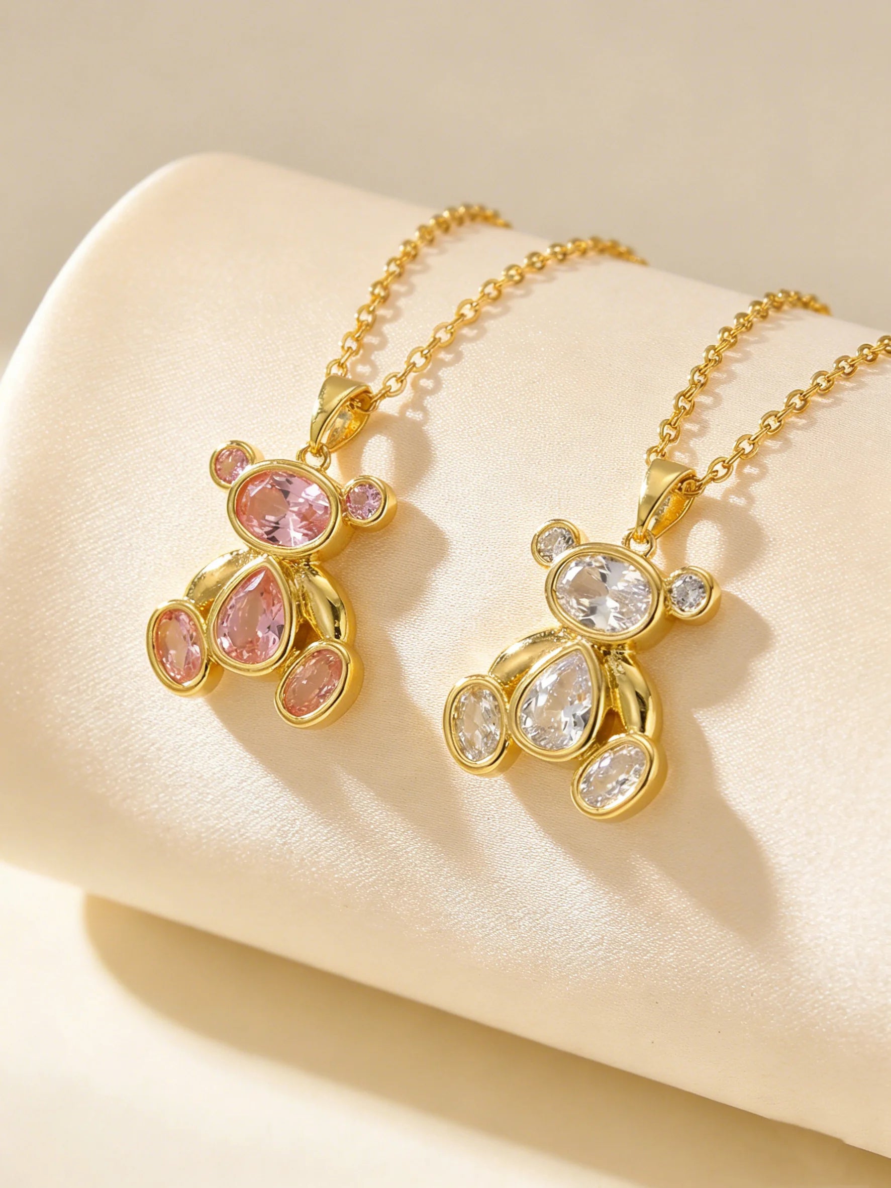 Delicate Cute Pink Zircon Bear Pendant Necklace for Women Girl, Stylish Animal Neckla lifestyle view