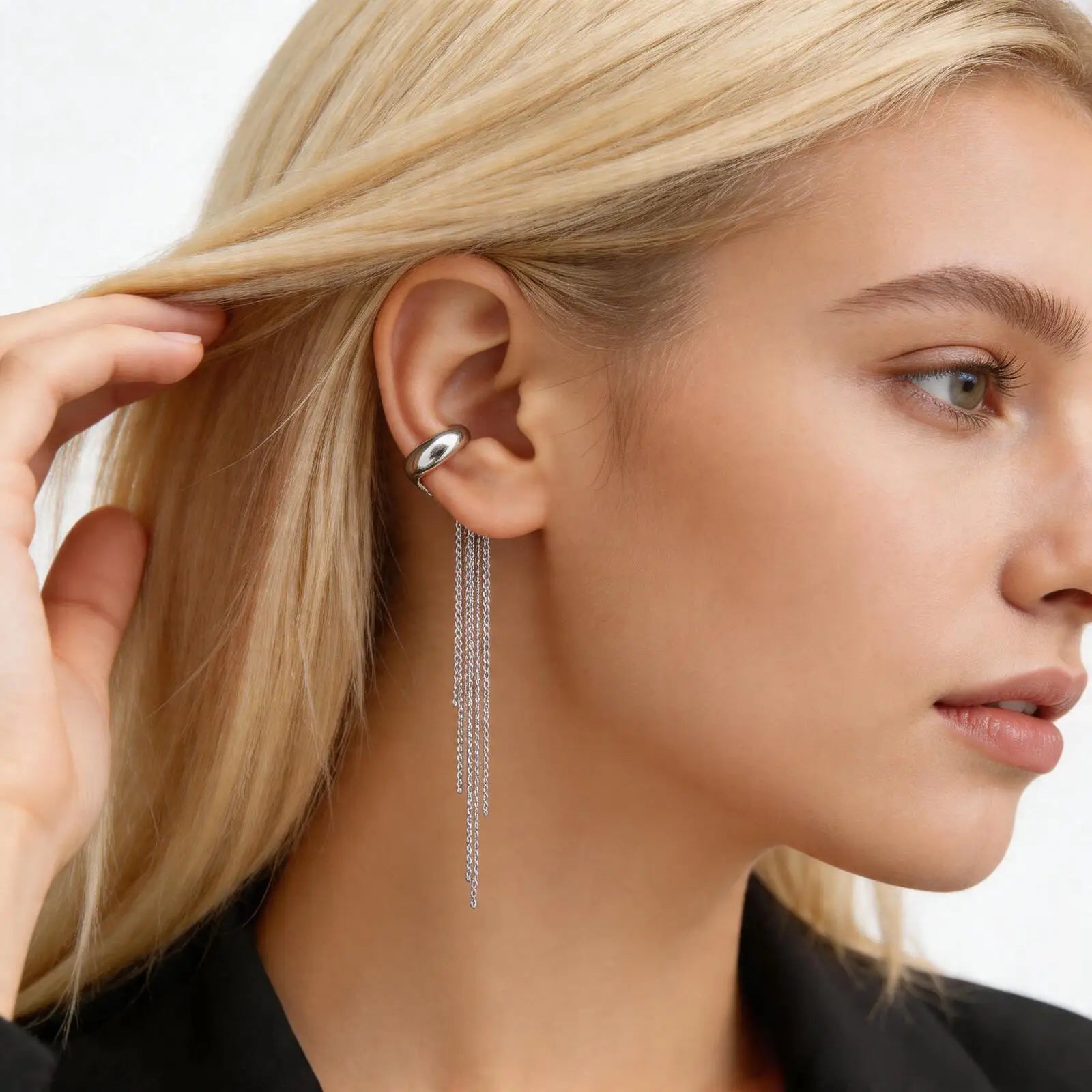 Silver Color Long Tassel Ear Cuff, No Piercing Chain Earrings, Punk Gothic Earcuff, Y alternate view