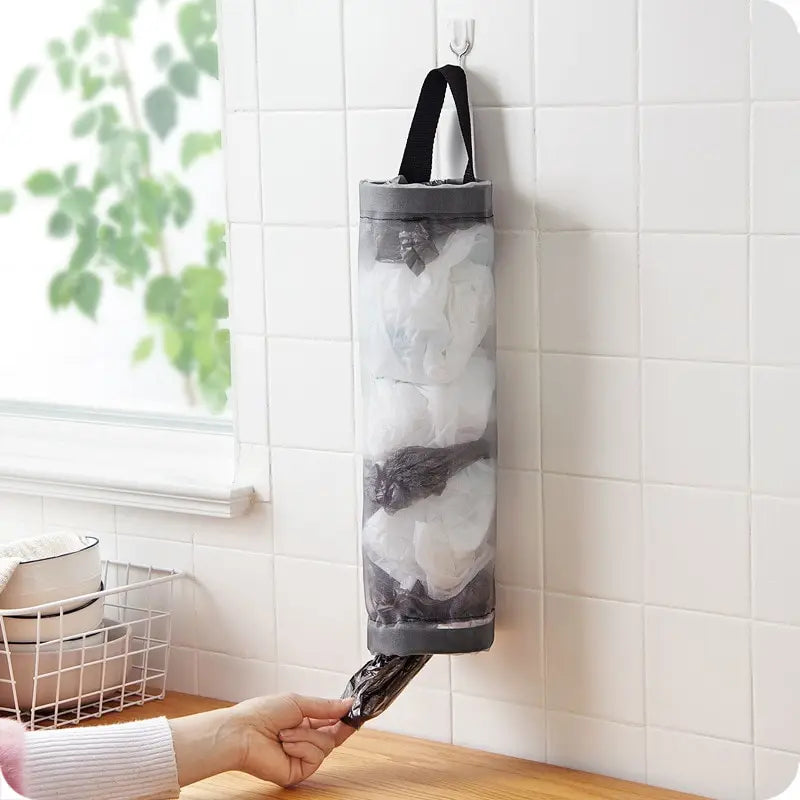 1pc Grey Sundries Bag Storage Wall Mount Mesh Plastic Bags Dispenser Hanging Reused Storage Pouch Tr