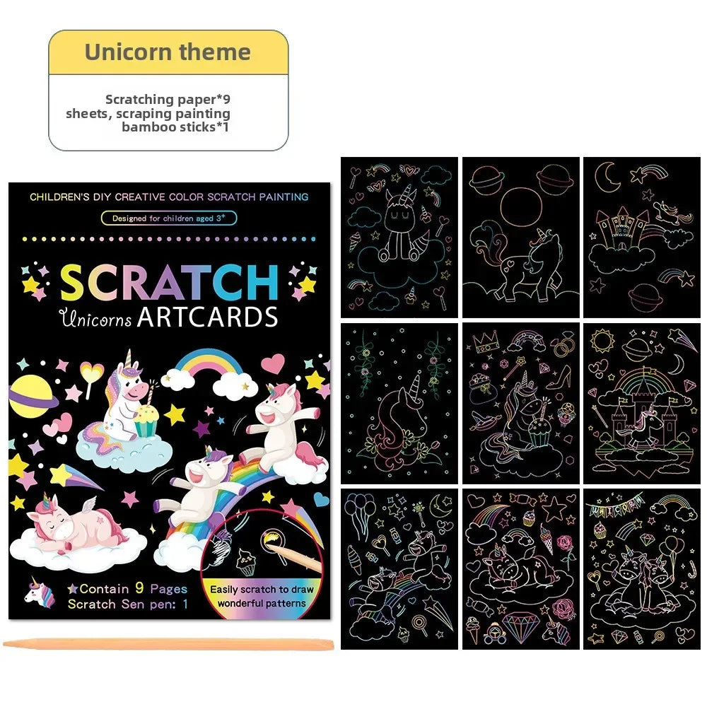 9Pcs/set Magic Rainbow Color Scratch Art Painting Paper Card Kit Cartoon Animal Drawing detail view