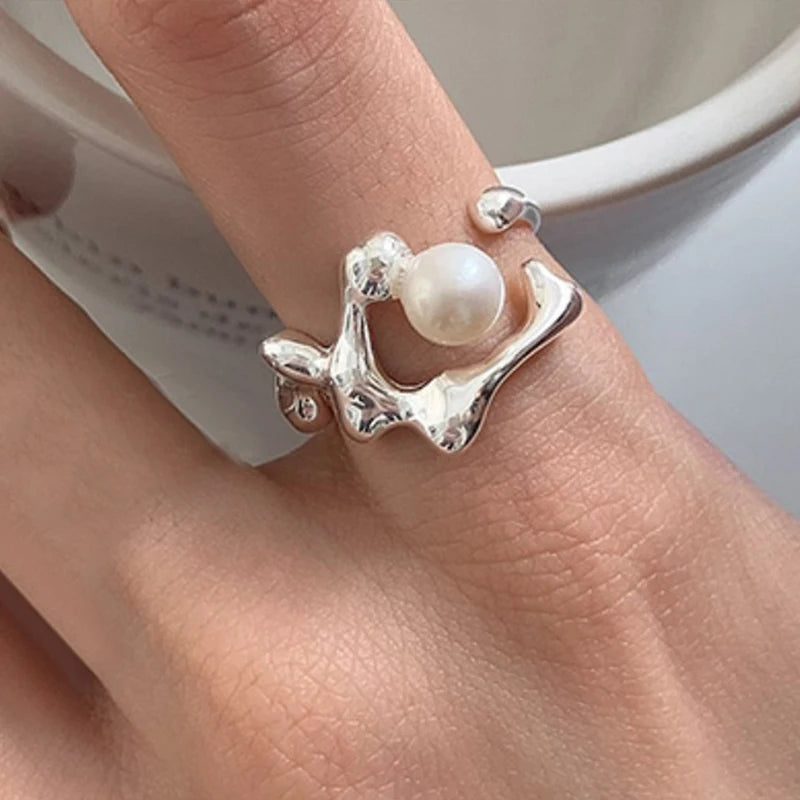 PANJBJ 925 Sterling Silver Pearl Irregular Ring for Women Shell Overlapping Hollow Sw alternate view