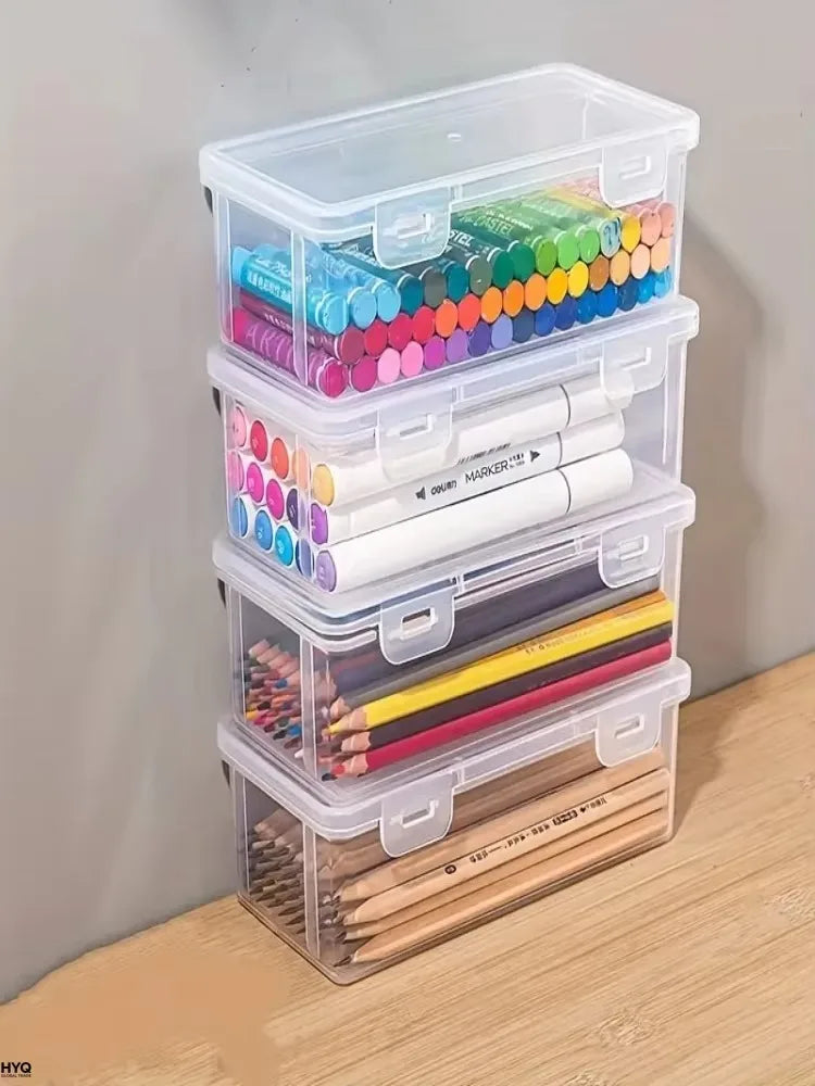 transparent PP storage boxes with lids, used for storing office supplies, pencils, and crafts