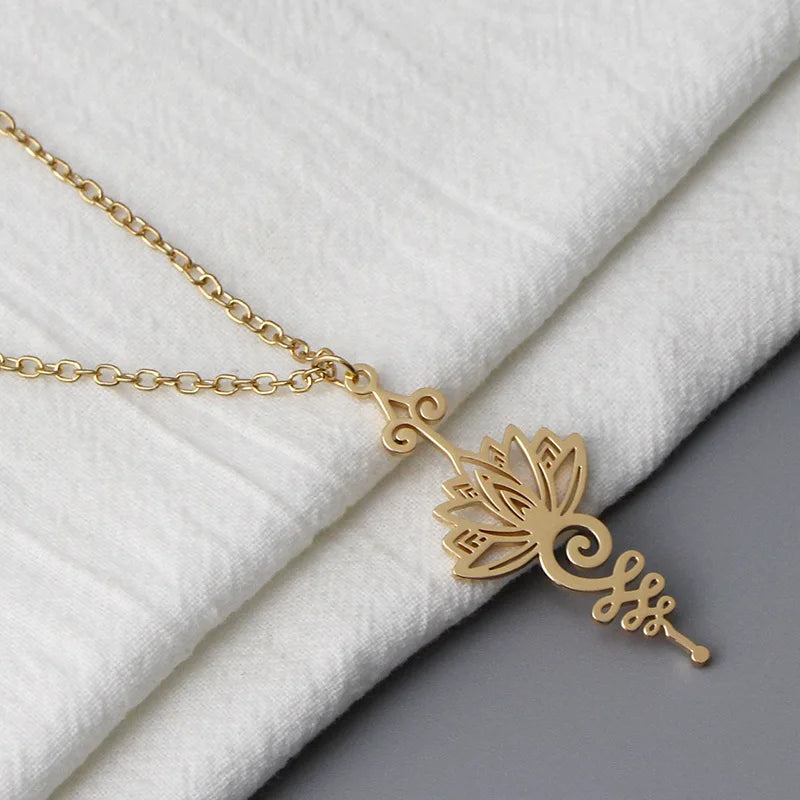 Stainless Steel Unalome Pendant Necklace | Yoga Jewelry with Lotus Flower additional angle