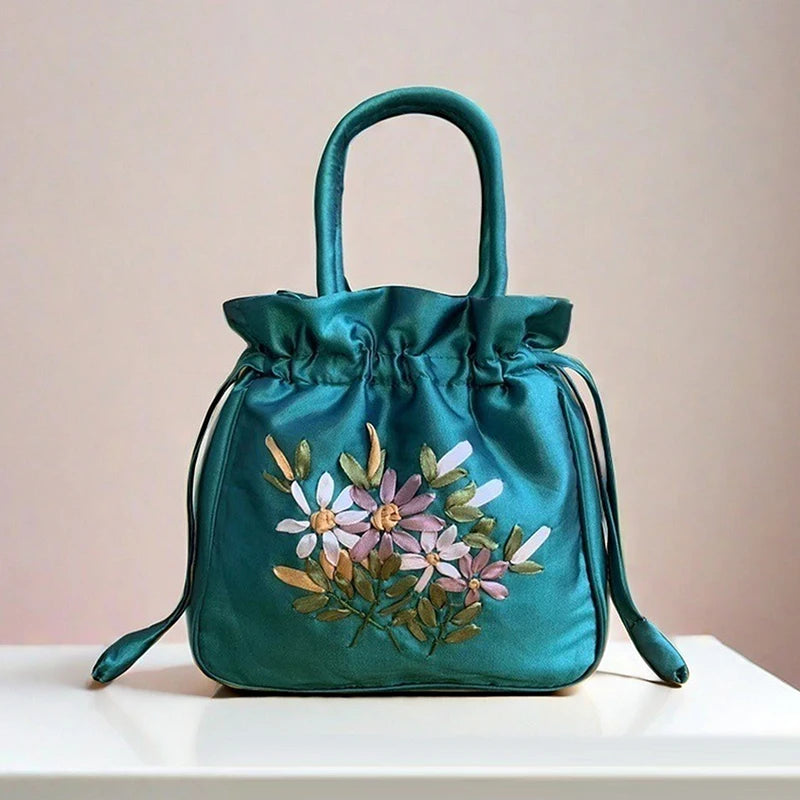 Small Embroidered Flower Bucket Bag | Women's Top Handle Drawstring Purse close-up view