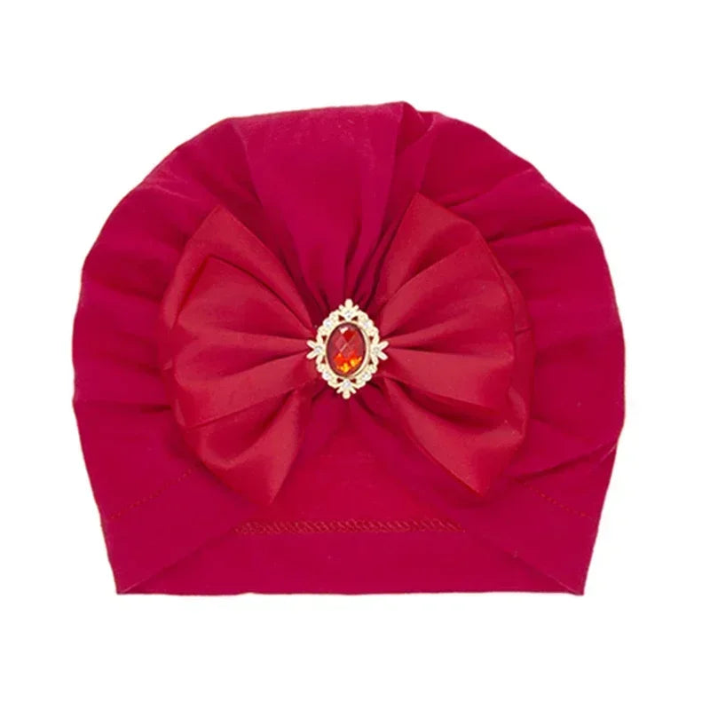 Baby Girl Bowknot Turban Hat with Rhinestone | Soft Knit Headwear for Infants lifestyle view