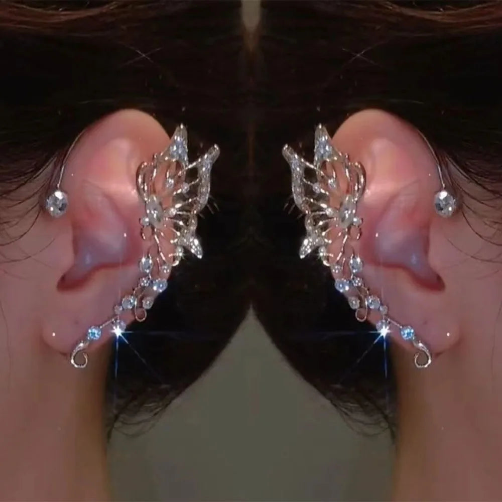Sparkling Crystal Elf Butterfly Ear Cuff Without Piercing Clip Earrings Elegant Ear Clip For Women E